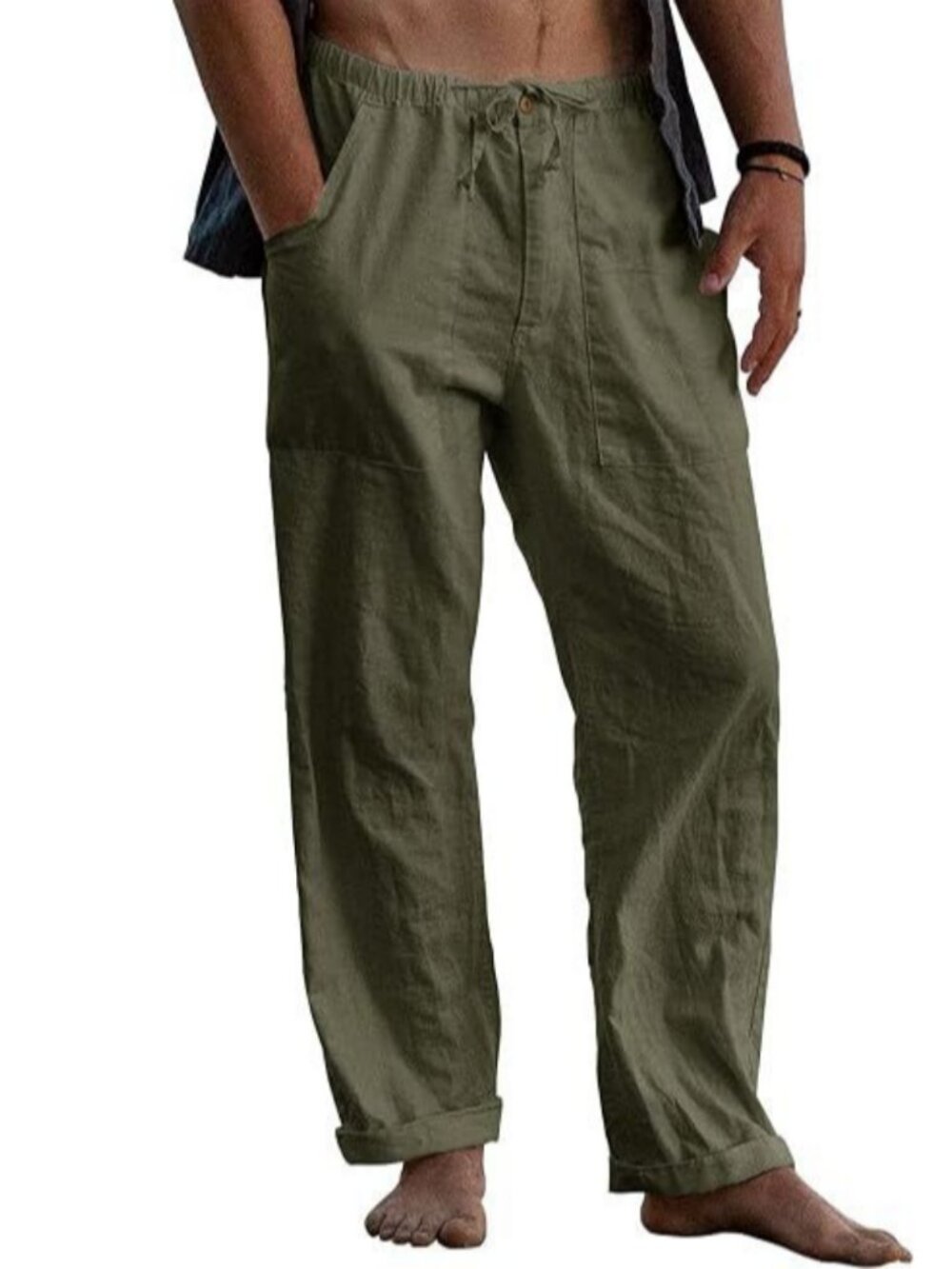 Mens Cotton Linen Blend Pants Casual Loose Fit Summer Beach Trousers with Pocket